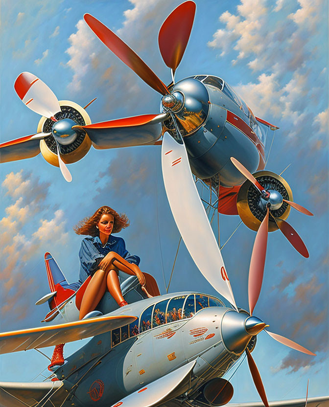 Woman in Blue Dress Poses on Vintage Airplane with Cloudy Sky