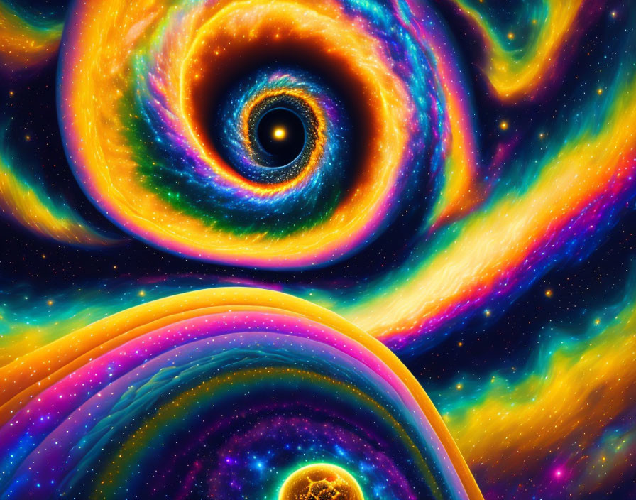 Colorful cosmic digital artwork with swirling nebulae and stars