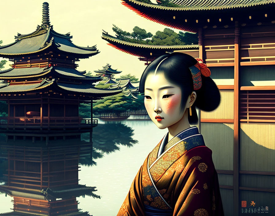 Traditional Japanese Geisha Illustration by Lake at Sunset