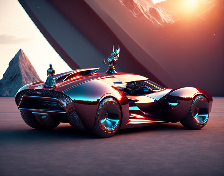 Futuristic red and chrome car on alien landscape with glowing blue wheels