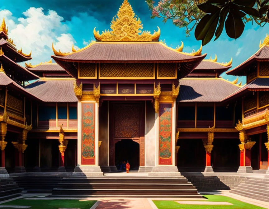 Traditional Asian temple with golden roof and red accents under clear blue sky