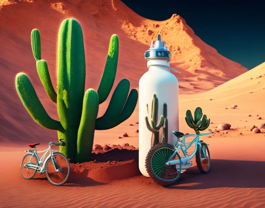 Cactus-themed water bottle with bicycles in desert landscape