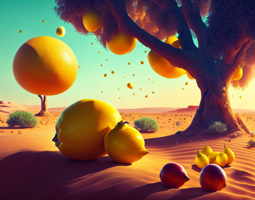 Desert landscape with oversized citrus tree and scattered fruits