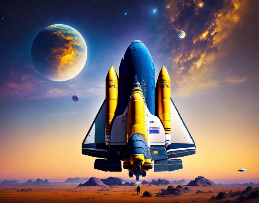 Space shuttle ascending in fantastical space desert scene