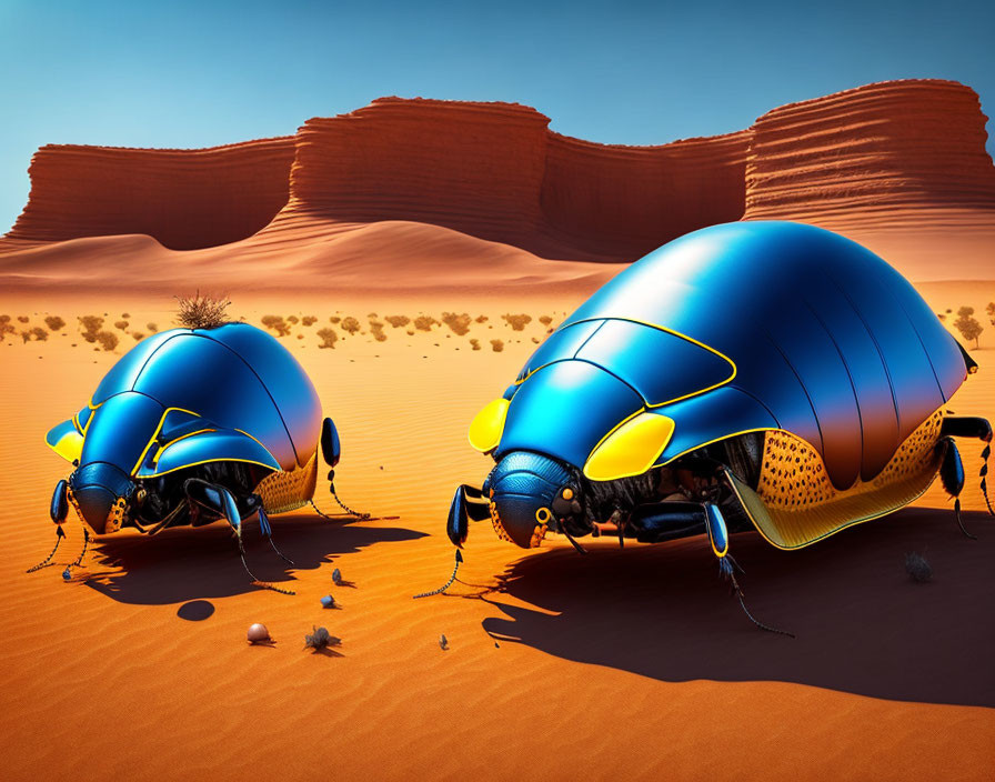 Stylized blue and yellow beetles in futuristic desert scene