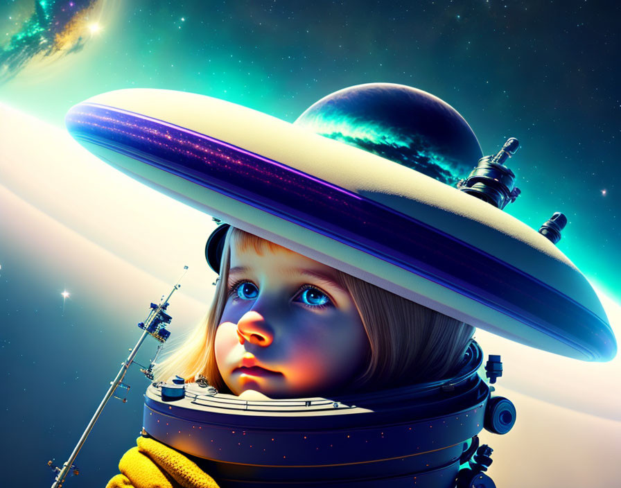 Child in spaceship helmet gazes at cosmic background