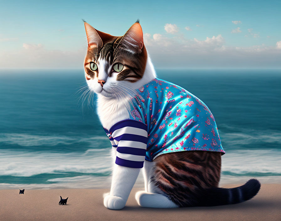 Cat with unique markings in blue sailor outfit on beach with ocean backdrop