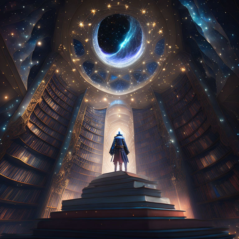 Circular library with cosmic portal on domed ceiling