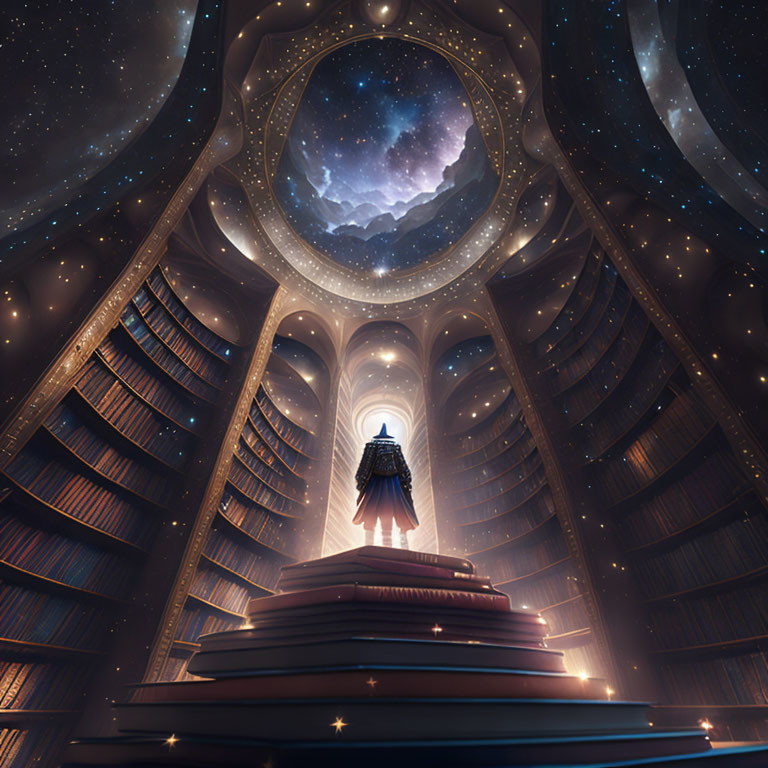 Circular library with towering bookshelves under starlit dome.