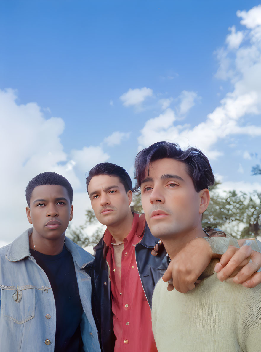 Diverse group of men posing outdoors under cloudy blue sky