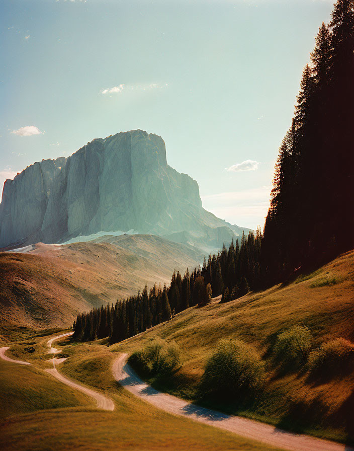 Scenic winding road through lush meadow to majestic mountain