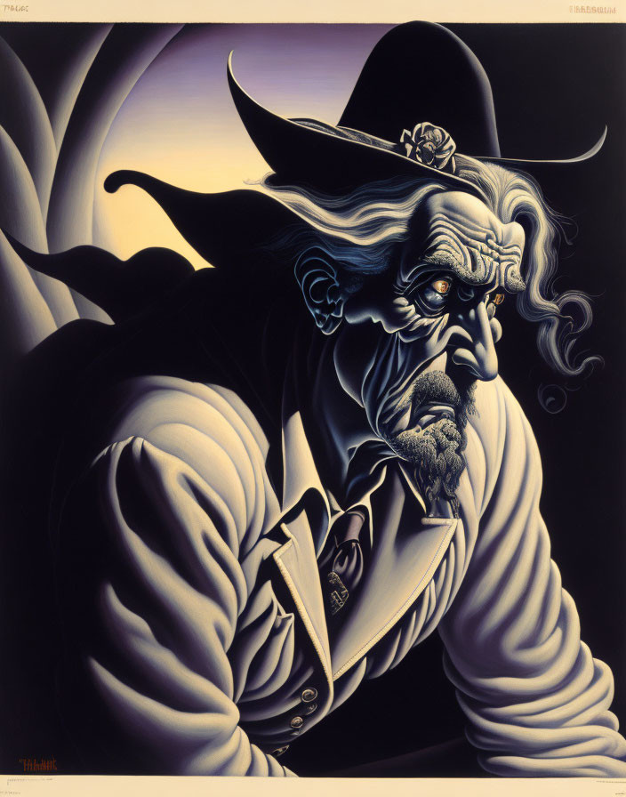 Detailed illustration of stern old man with beard and cowboy hat on dark background