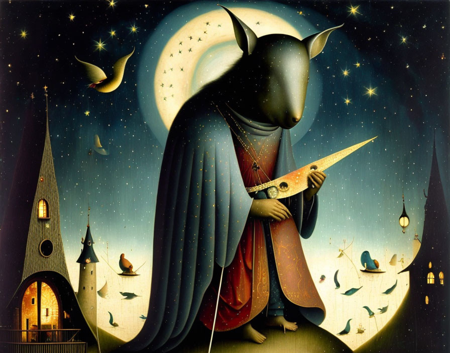 Surreal anthropomorphic cat playing lute under starry sky with birds and church