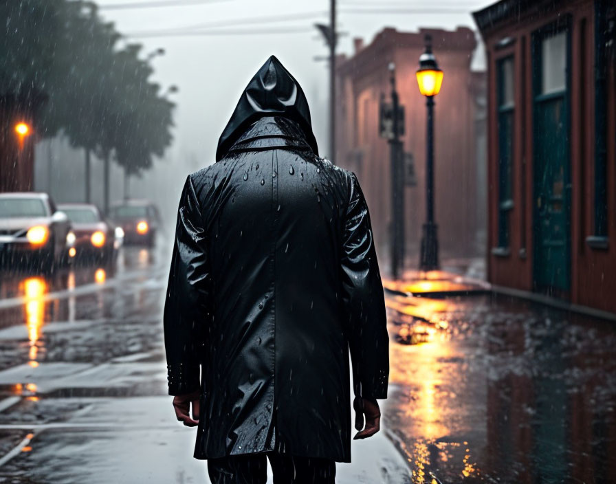 Person in Black Raincoat Walking on Wet Street in Rain