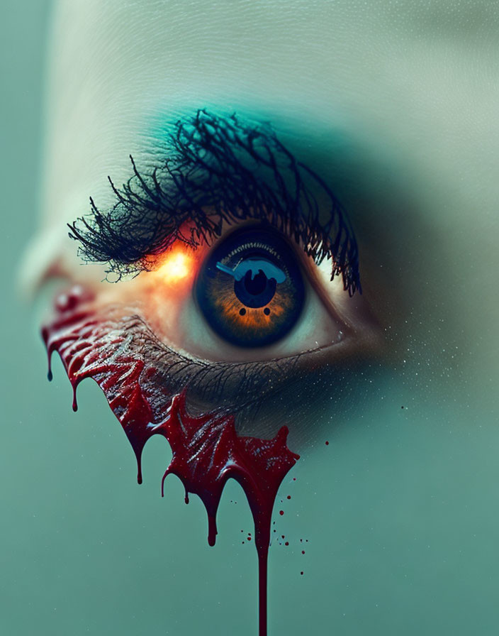 Blue human eye with dramatic makeup and red liquid tears.