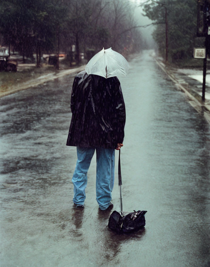 Person with White Umbrella in Heavy Rain on Wet Street