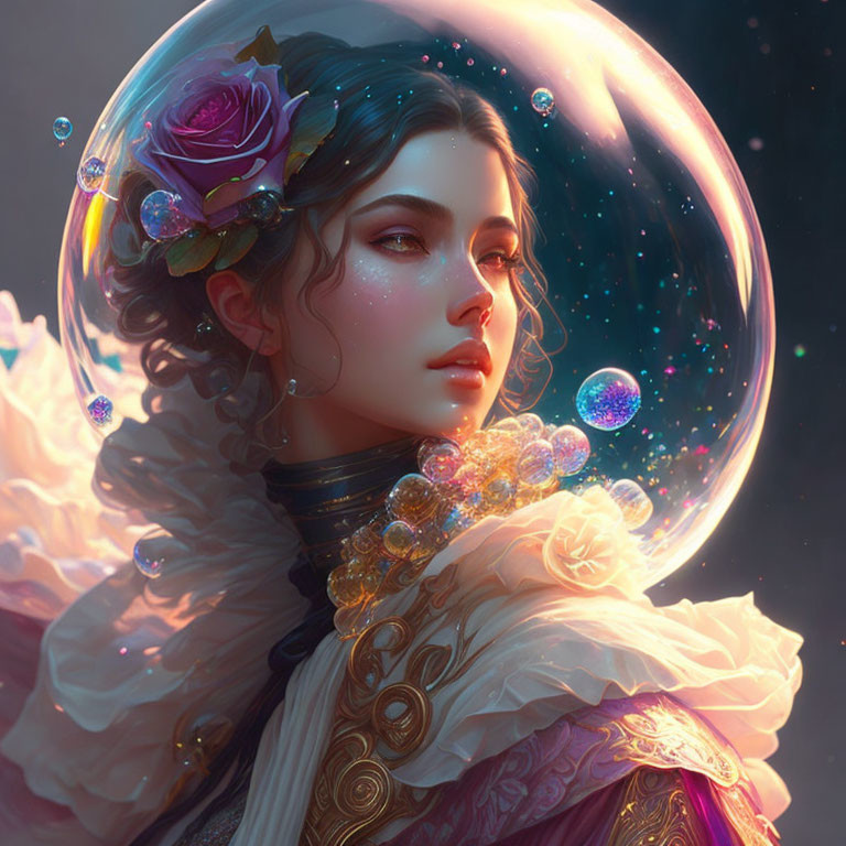 Cosmic-themed digital artwork of a woman in regal attire