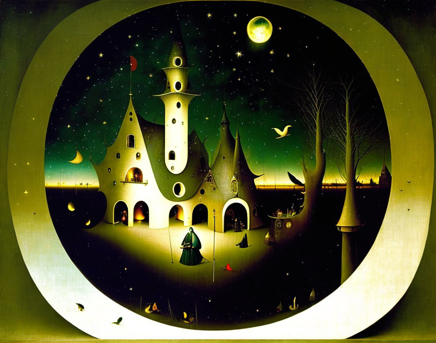 Whimsical night scene with fairy-tale castle, crescent moon, stars, and surreal figures