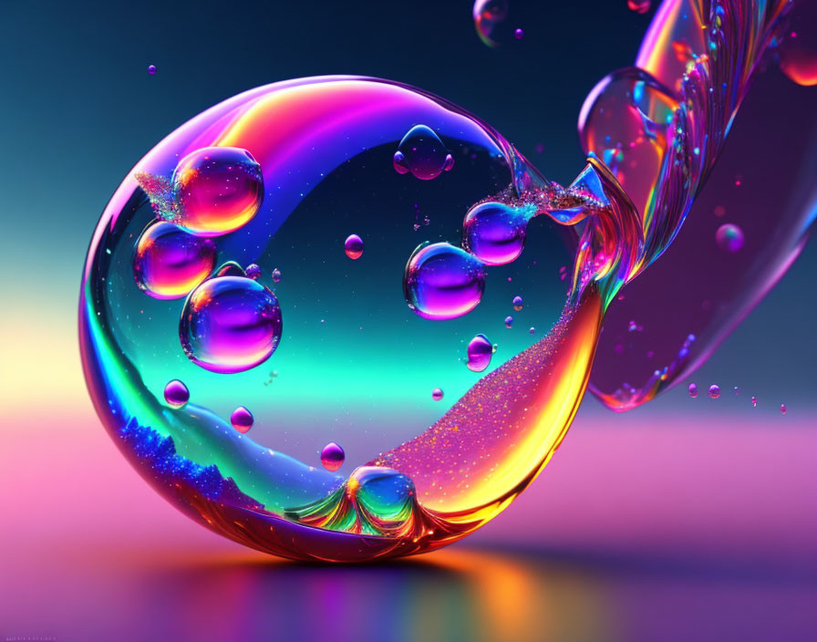 Iridescent bubble with smaller bubbles on colorful gradient