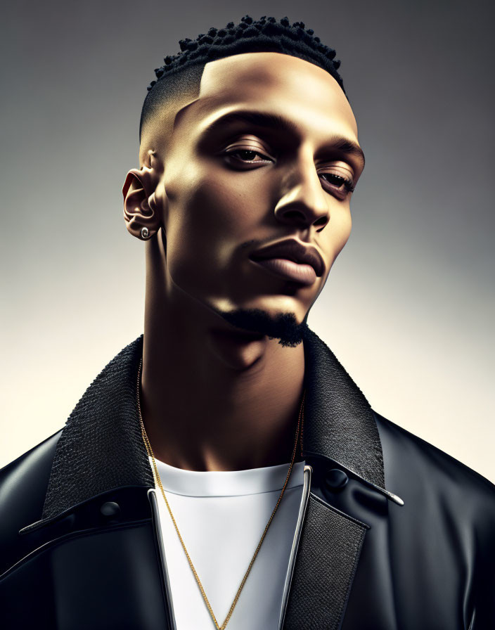 Man with stylized haircut, black jacket, and gold chain necklace portrait