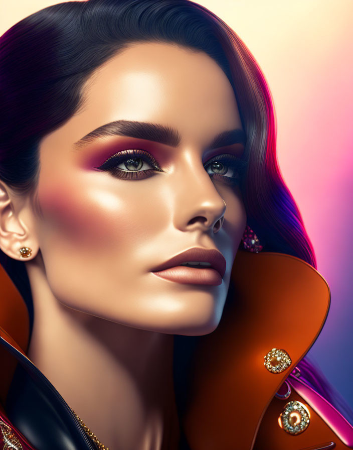 Woman portrait with sleek hair, dramatic makeup, colorful lighting, and studded leather garment