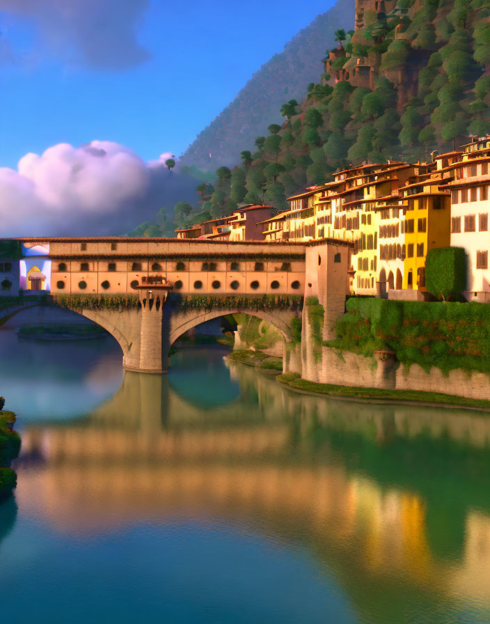 Animated scene of river under stone bridge with buildings in golden light