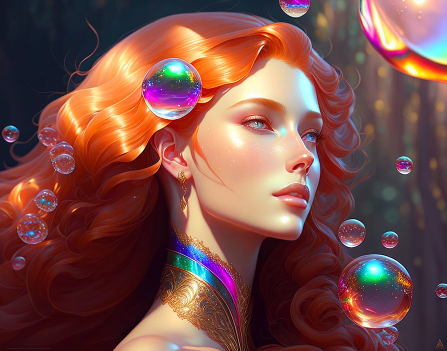 Illustrated portrait: Woman with red hair in magical forest with bubbles