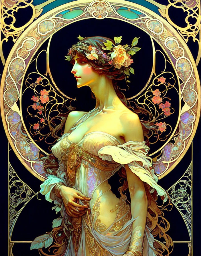 Art Nouveau Woman Illustration with Floral Wreath and Golden Frame