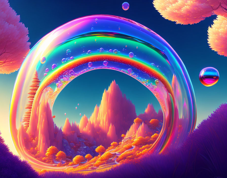 Surreal digital artwork: orange foliage under iridescent soap bubble arch