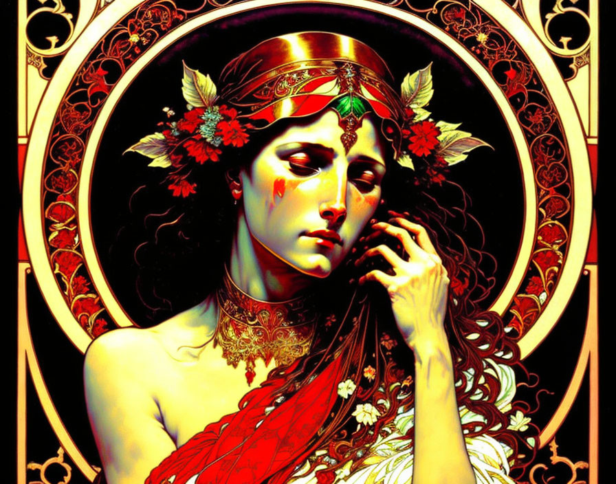 Woman in Art Nouveau Style with Red Flowers and Jewelry