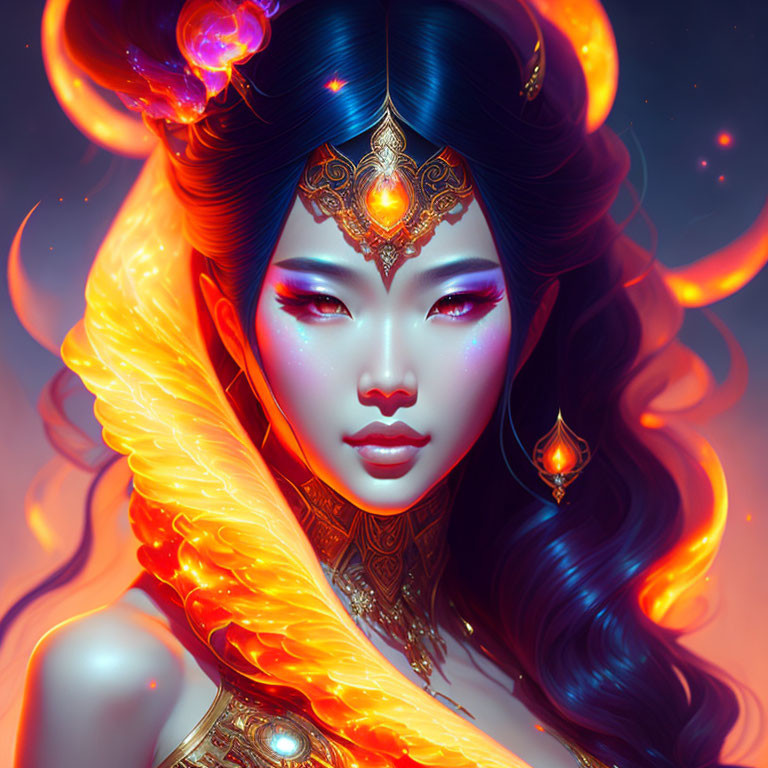 Illustrated woman with ethereal glow and fiery orange cloak in mystical blue backdrop