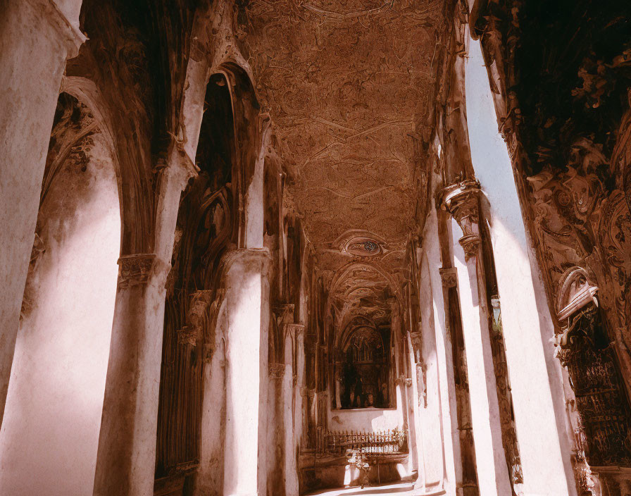 Ornate corridor with vintage tones, columns, intricate ceiling, and sunbeams.