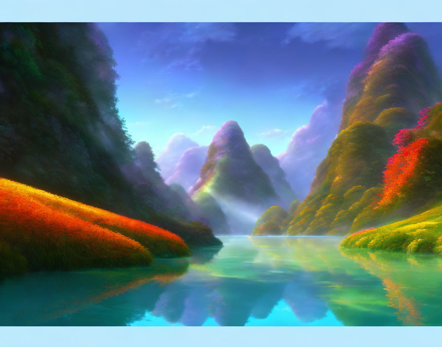 Lush green mountains, colorful flora, and a tranquil river at dawn or dusk