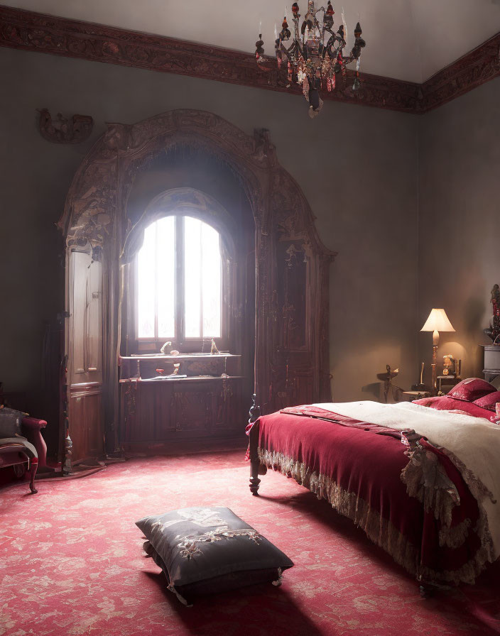 Vintage-style Bedroom with Ornate Mirror, Red Bed Coverlet, Chandelier, and Floor Cushion