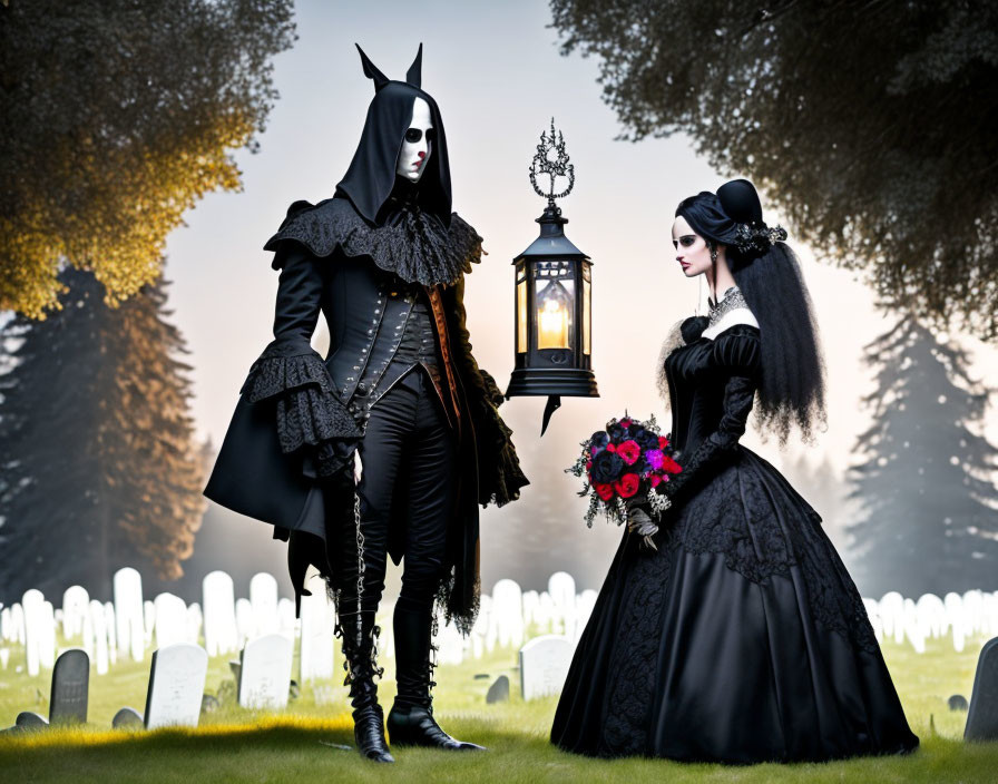 Two individuals in gothic attire with lantern and red flowers in misty cemetery.