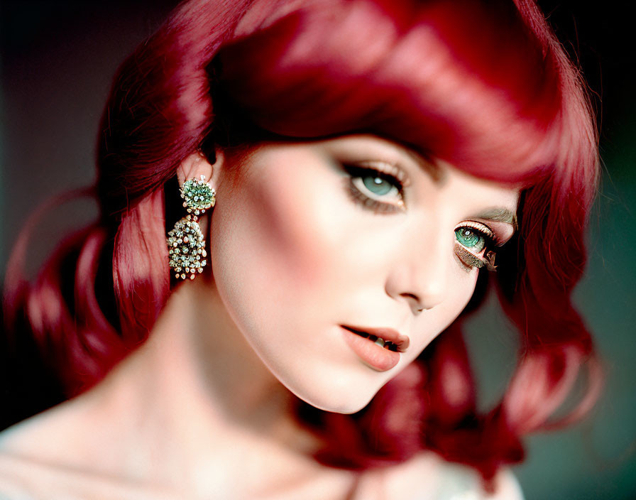 Vibrant red hair and glittery makeup with bold earrings pose.