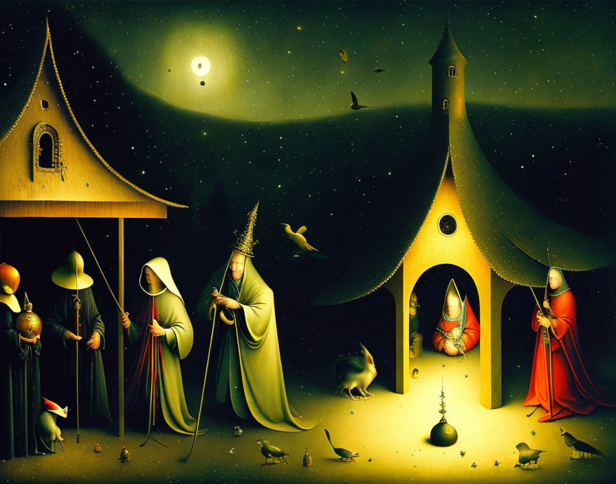 Whimsical painting of robed figures, birds, and golden-lit buildings under a starry