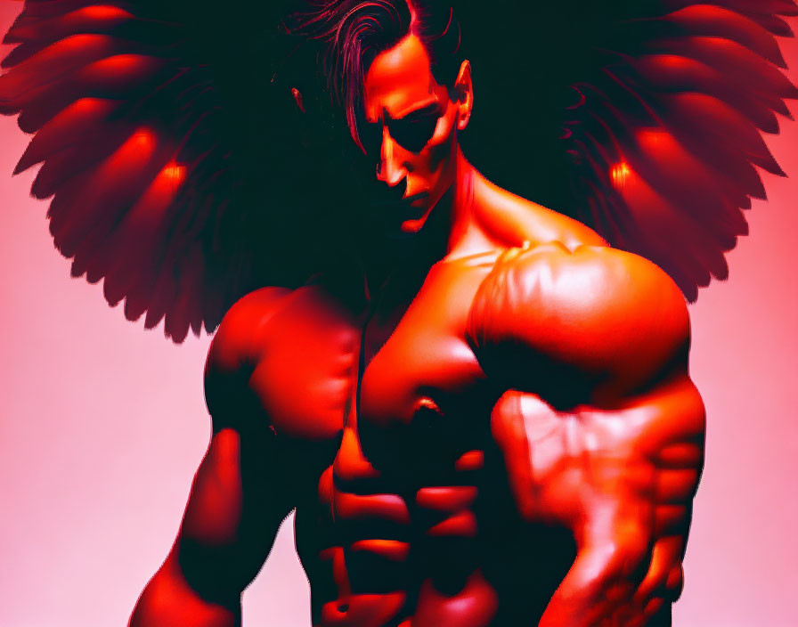 Muscular winged humanoid in dramatic pose with red and pink background