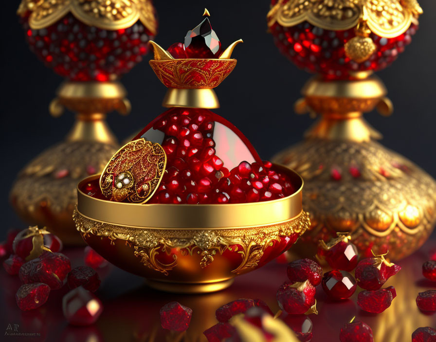 Golden perfume bottle with red gems & pomegranate seeds