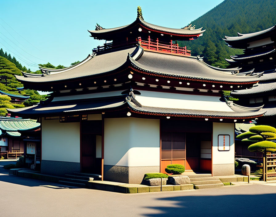 Japanese multi-tiered pagoda in traditional architecture landscape.