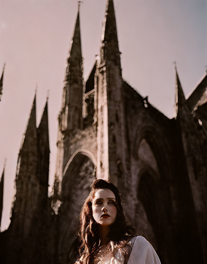 Vintage-attired woman at Gothic cathedral with towering spires