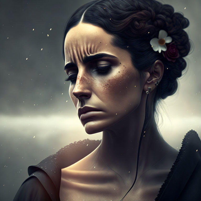 Melancholic woman with intricate updo and white flower in dark setting