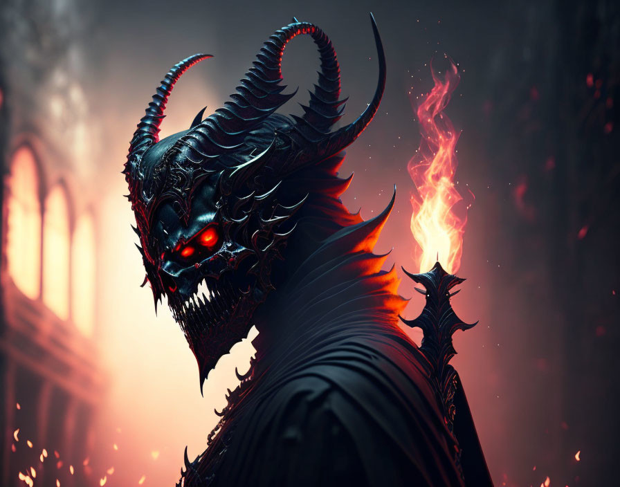 Menacing figure with dragon-like helmet and flaming sword in dark, fiery backdrop