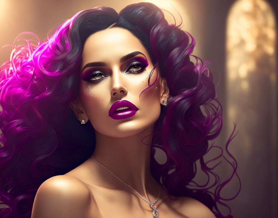 Digital artwork: Woman with voluminous purple hair and dramatic makeup