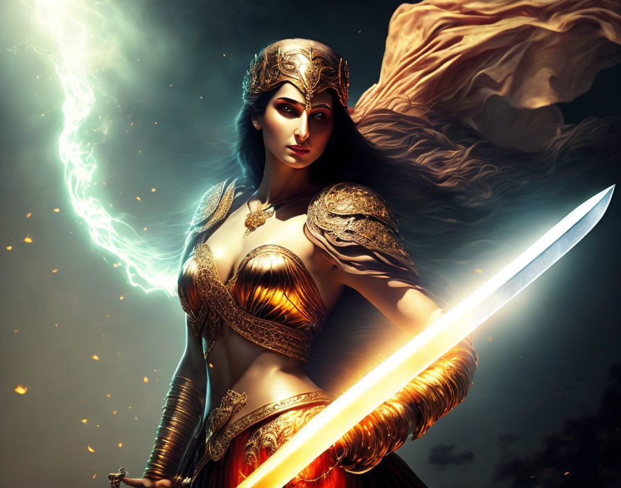 Warrior woman in glowing armor with mystical sword in dark sky