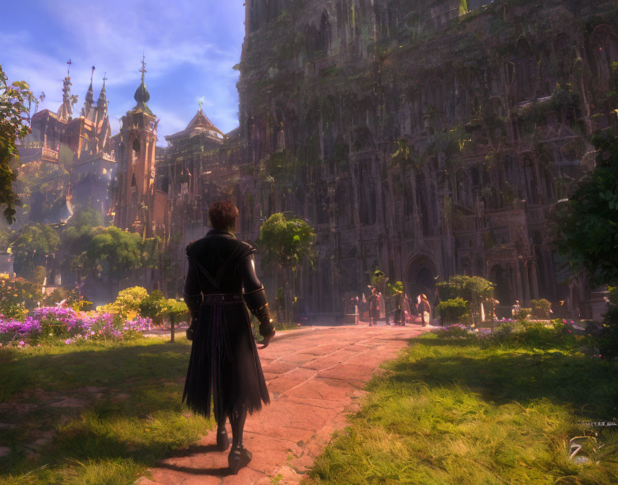 Figure in black coat gazes at sunlit cathedral amid lush greenery