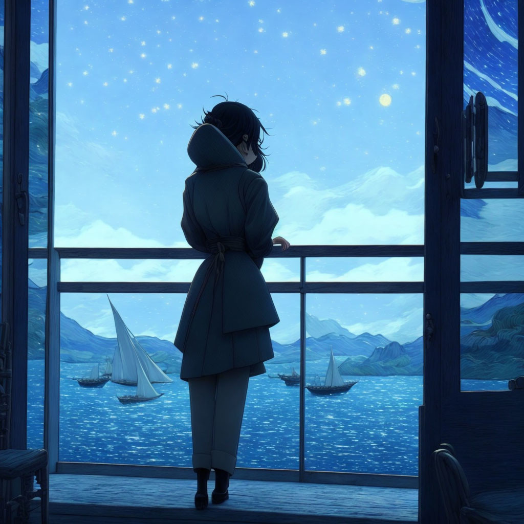 Person in Coat on Balcony Overlooking Nighttime Seascape with Snow-Capped Mountains