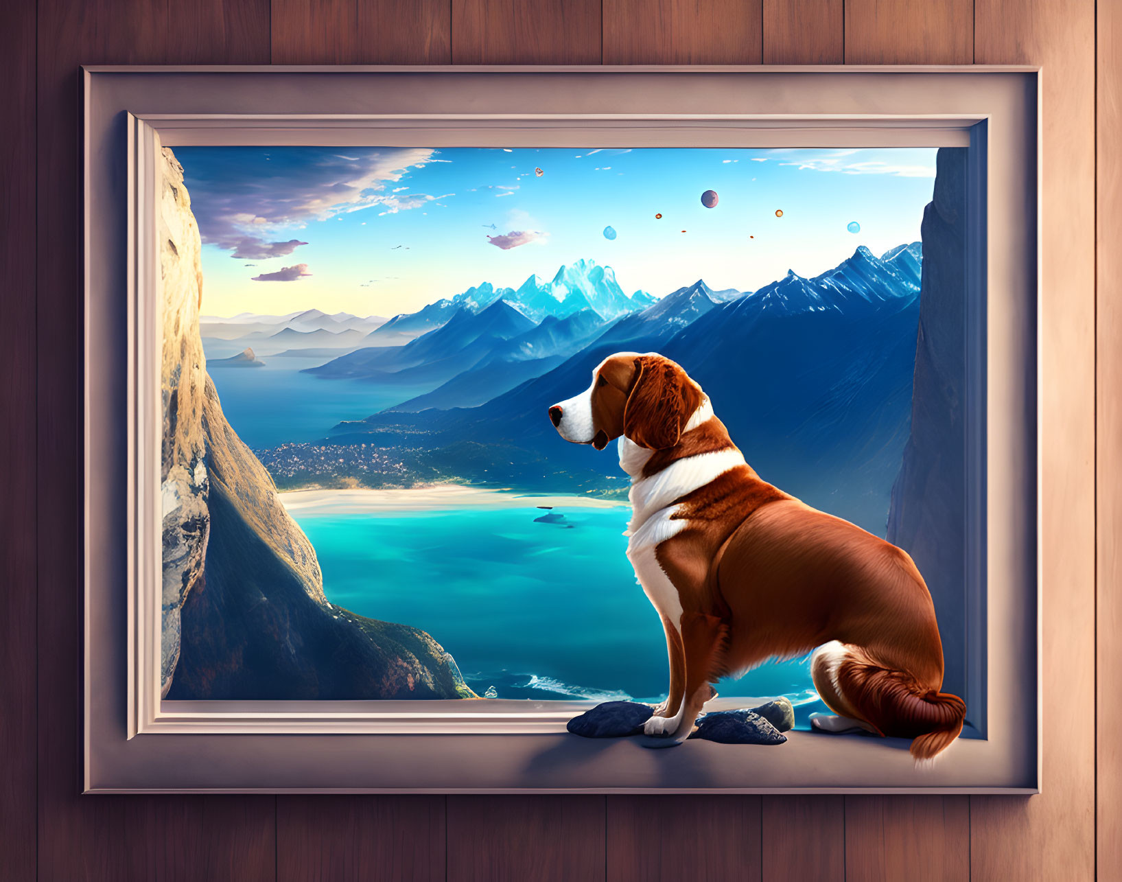 Dog observing surreal landscape with mountains, bay, and floating orbs