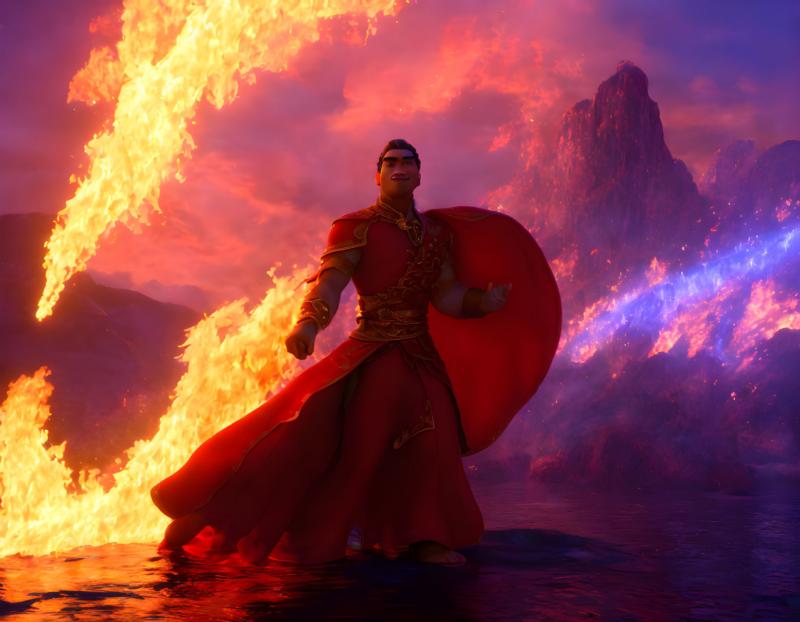 Heroic Figure in Red Cape Stands in Dramatic Landscape