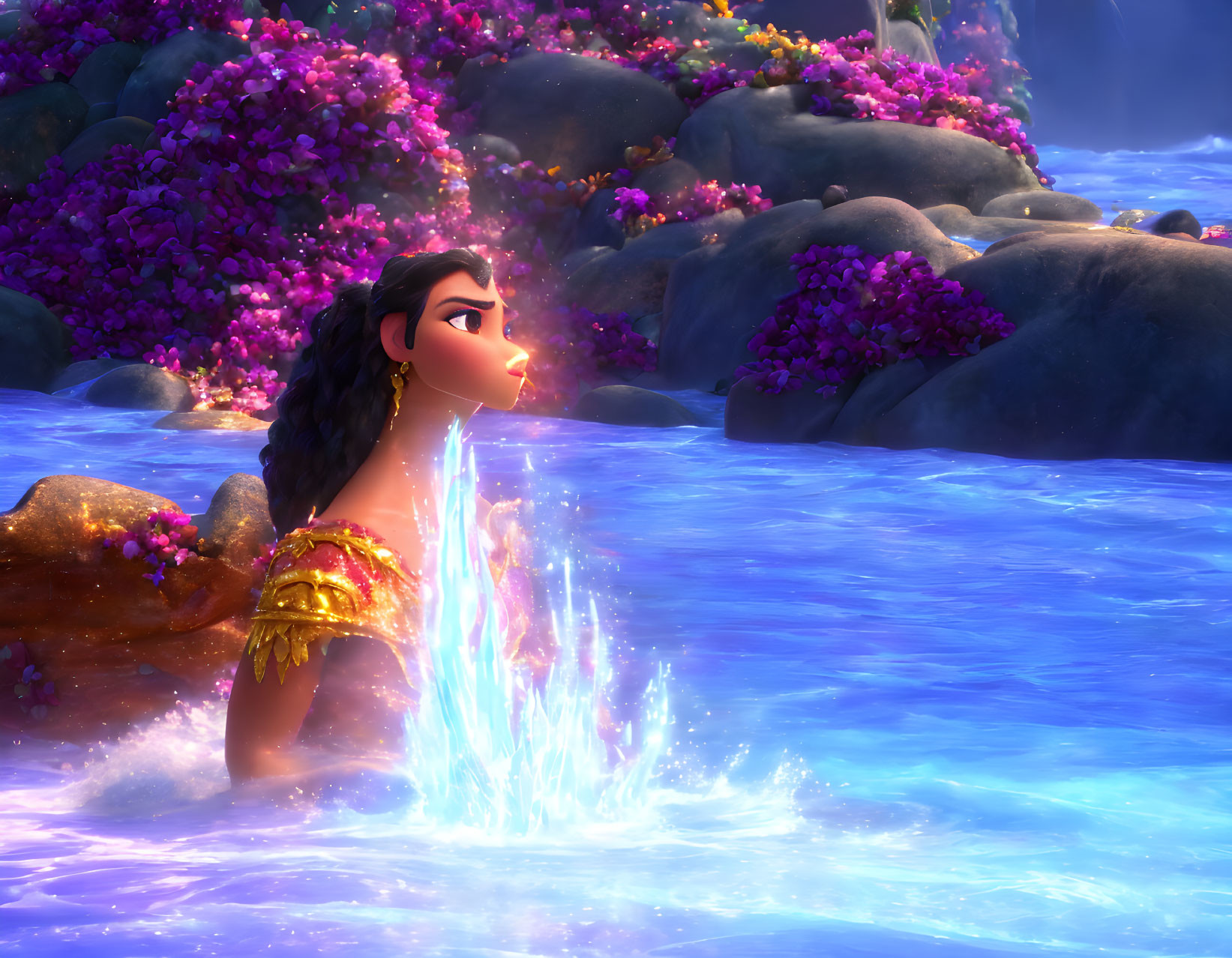 Long-haired animated girl in water with gold accessories and magical glow surrounded by purple flowers and rocks